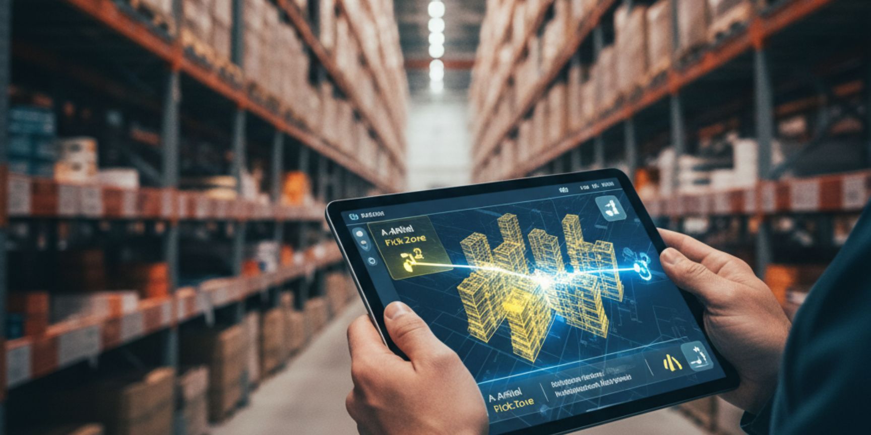 Eine Person hält ein Tablet in einem Lagerhausgang, auf dessen Bildschirm eine 3D-Darstellung eines Lagers mit hervorgehobenen 